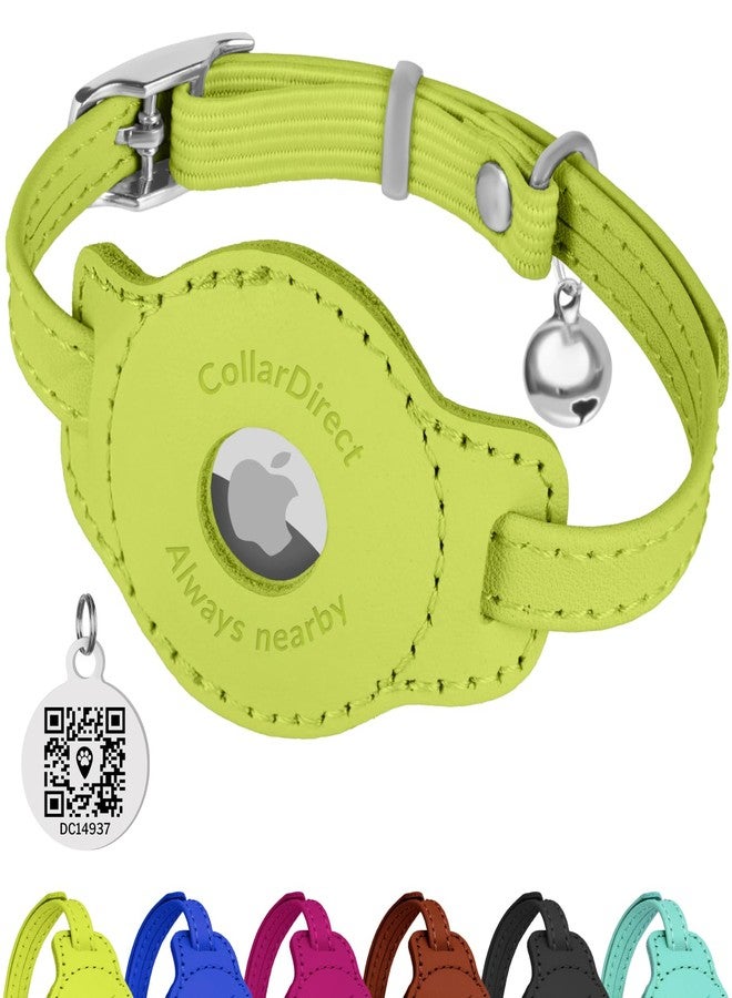 CollarDirect Airtag Cat Colar with QR Tag and Bell - Leather Cat Collar with Airtag Holder and Elastic Strap for Kittens, Small Large Cats - Collar for Girl Boy Cats (Lime Green, Neck Size 8"-11") - Image 1